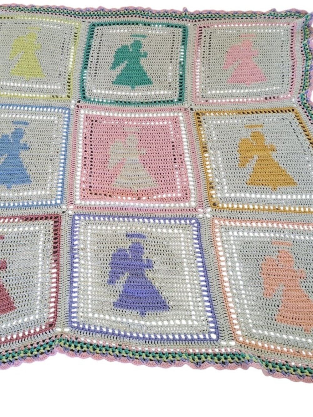 Handmade Crochet Angels Afghan Blanket Colorful Granny Squares Pastel 61" Baby